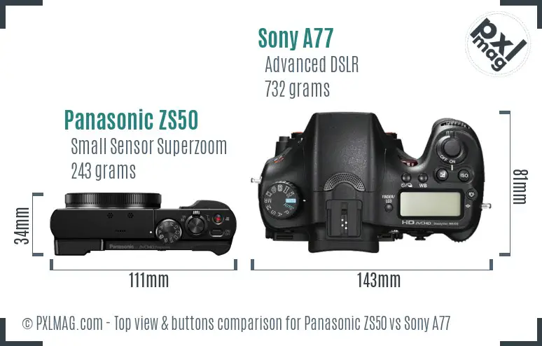 Panasonic ZS50 vs Sony A77 top view buttons comparison