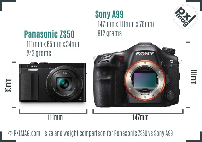 Panasonic ZS50 vs Sony A99 size comparison