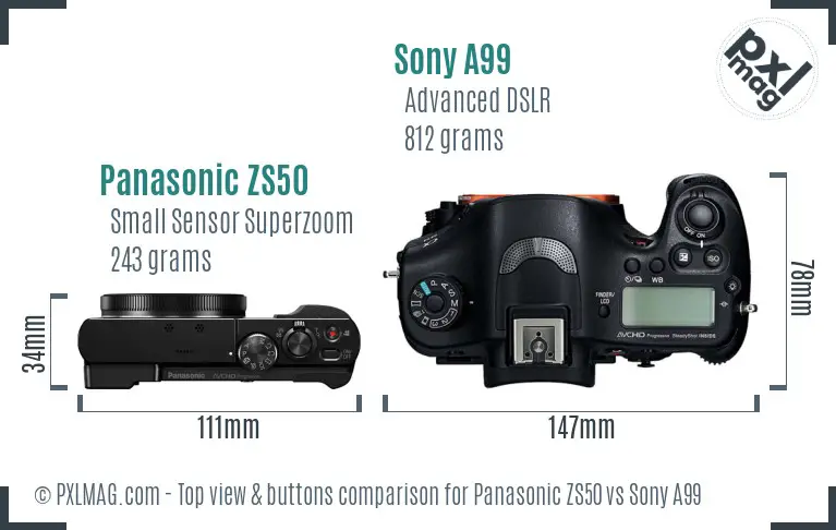 Panasonic ZS50 vs Sony A99 top view buttons comparison