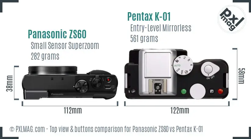 Panasonic ZS60 vs Pentax K-01 top view buttons comparison