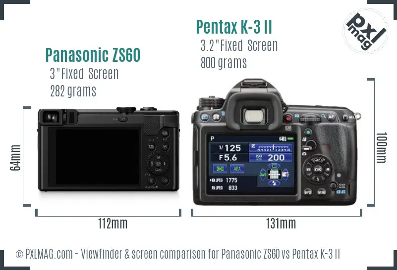 Panasonic ZS60 vs Pentax K-3 II Screen and Viewfinder comparison