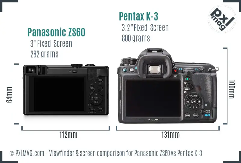 Panasonic ZS60 vs Pentax K-3 Screen and Viewfinder comparison