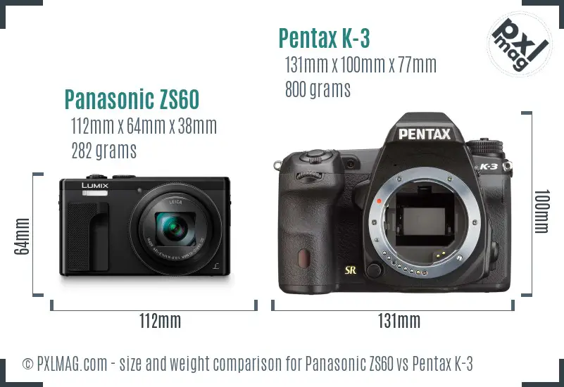 Panasonic ZS60 vs Pentax K-3 size comparison