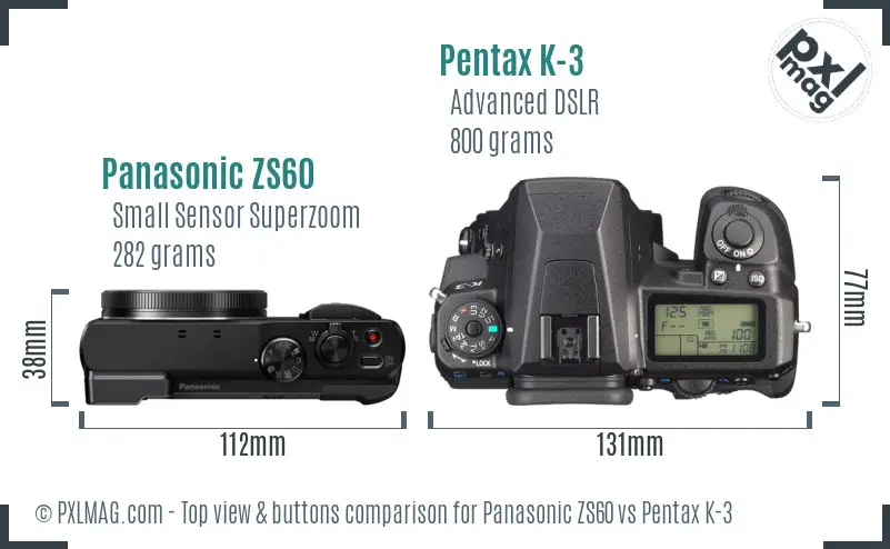 Panasonic ZS60 vs Pentax K-3 top view buttons comparison