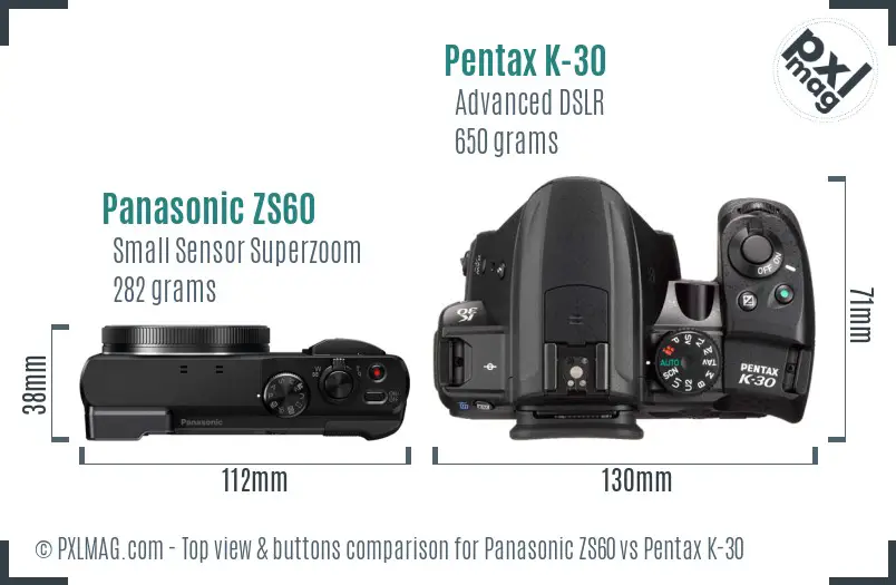 Panasonic ZS60 vs Pentax K-30 top view buttons comparison