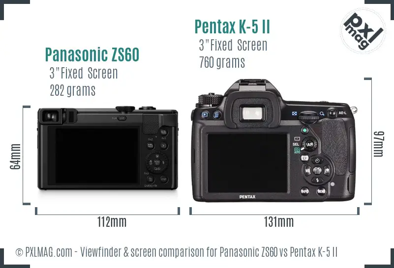 Panasonic ZS60 vs Pentax K-5 II Screen and Viewfinder comparison