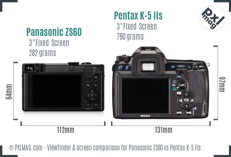 Panasonic ZS60 vs Pentax K-5 IIs Screen and Viewfinder comparison