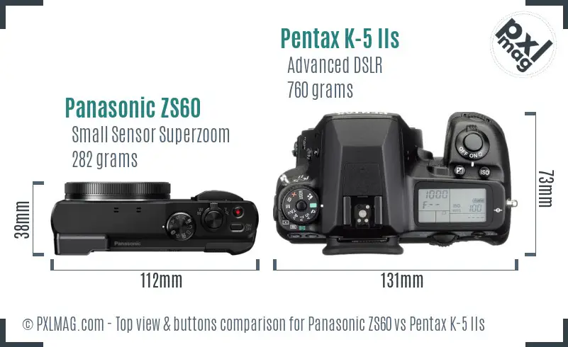 Panasonic ZS60 vs Pentax K-5 IIs top view buttons comparison