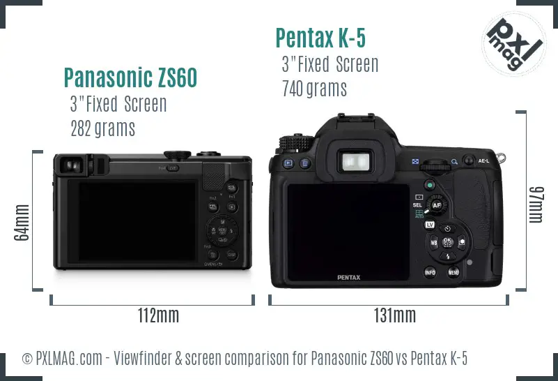 Panasonic ZS60 vs Pentax K-5 Screen and Viewfinder comparison