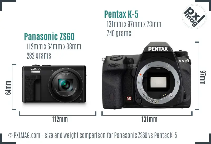 Panasonic ZS60 vs Pentax K-5 size comparison
