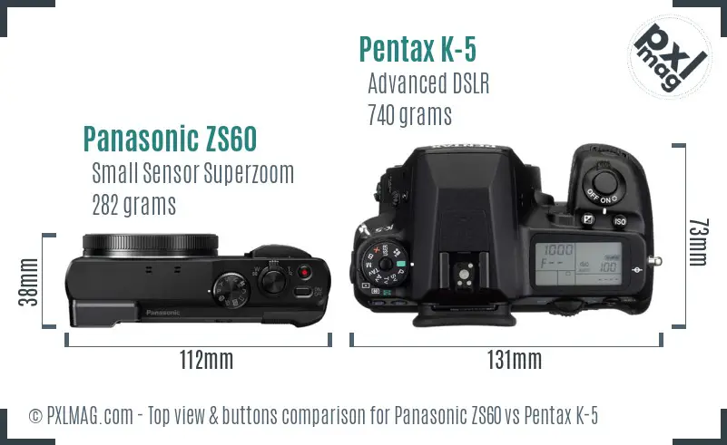 Panasonic ZS60 vs Pentax K-5 top view buttons comparison