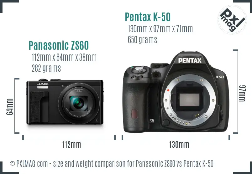 Panasonic ZS60 vs Pentax K-50 size comparison
