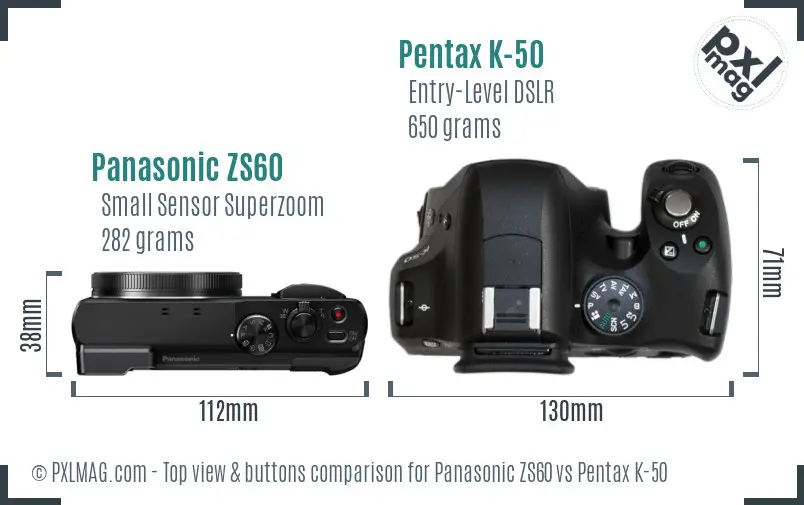 Panasonic ZS60 vs Pentax K-50 top view buttons comparison