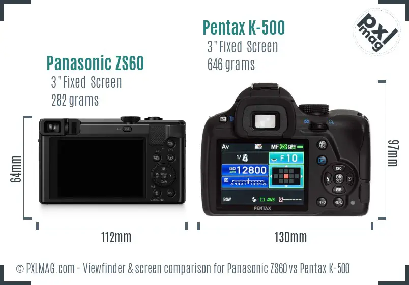 Panasonic ZS60 vs Pentax K-500 Screen and Viewfinder comparison