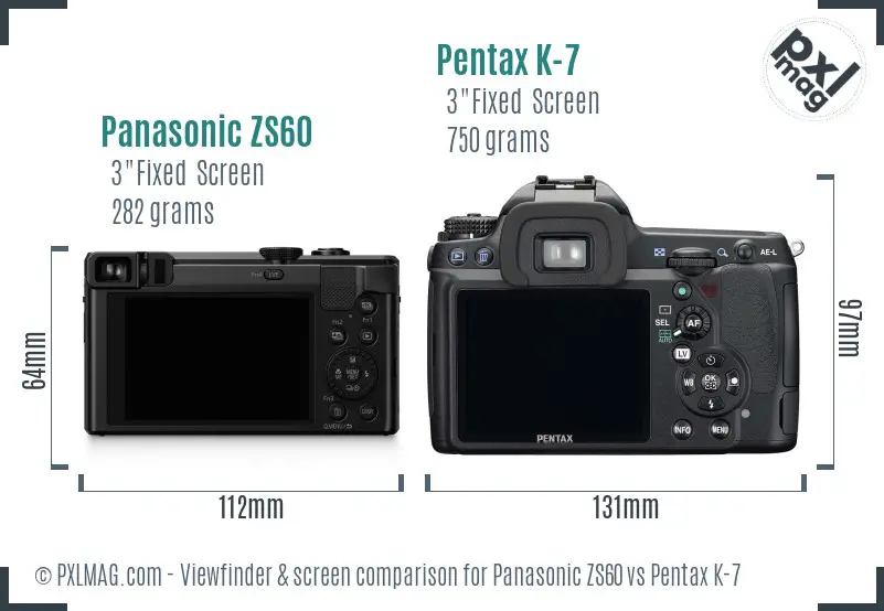 Panasonic ZS60 vs Pentax K-7 Screen and Viewfinder comparison