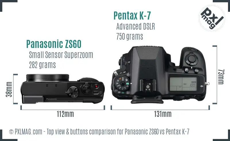 Panasonic ZS60 vs Pentax K-7 top view buttons comparison