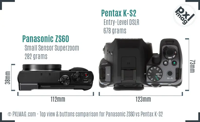 Panasonic ZS60 vs Pentax K-S2 top view buttons comparison