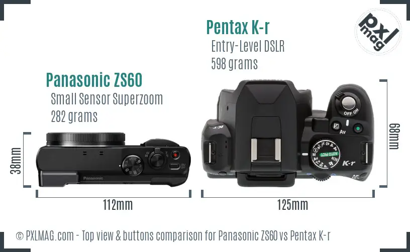 Panasonic ZS60 vs Pentax K-r top view buttons comparison
