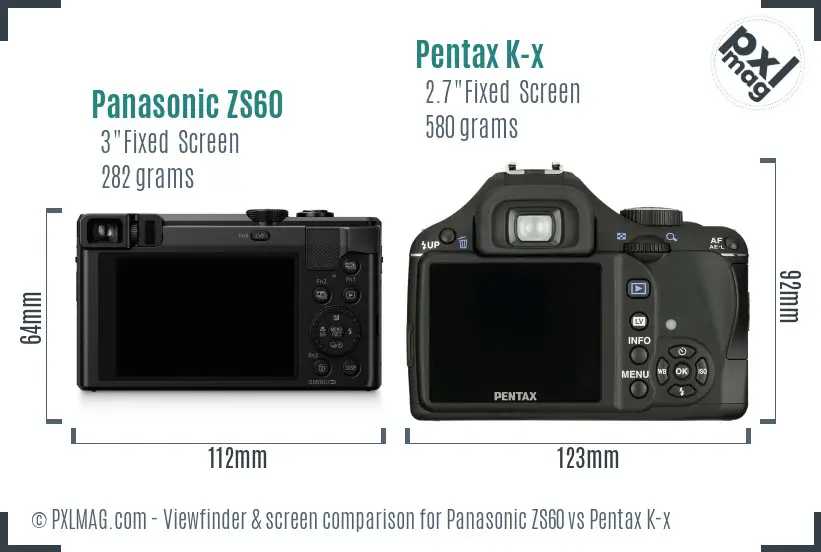 Panasonic ZS60 vs Pentax K-x Screen and Viewfinder comparison