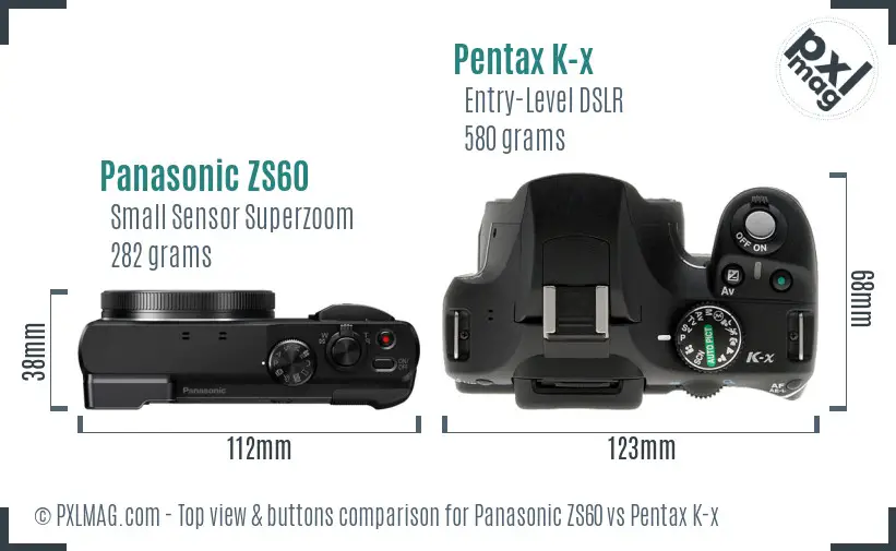 Panasonic ZS60 vs Pentax K-x top view buttons comparison