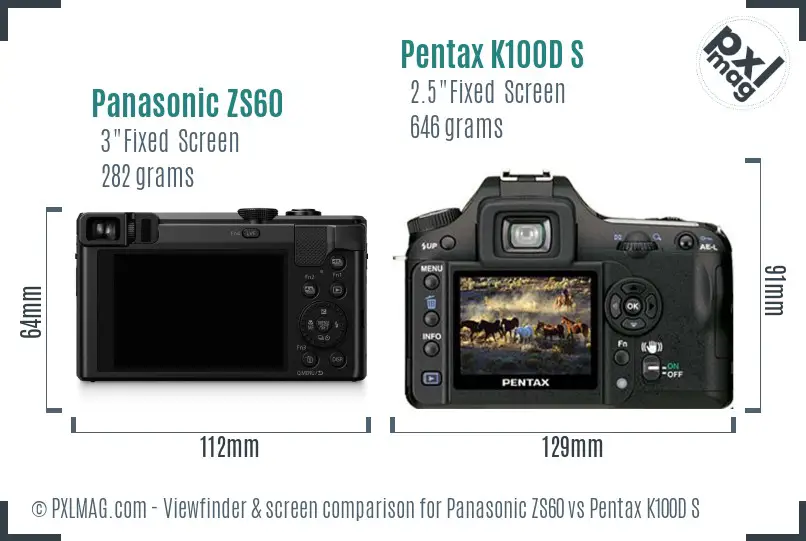 Panasonic ZS60 vs Pentax K100D S Screen and Viewfinder comparison