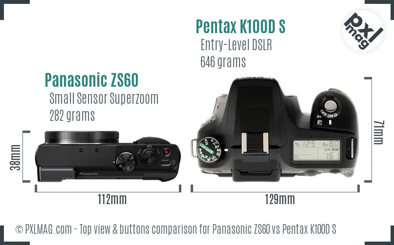 Panasonic ZS60 vs Pentax K100D S top view buttons comparison