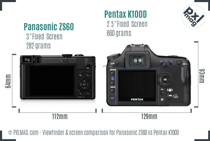 Panasonic ZS60 vs Pentax K100D Screen and Viewfinder comparison
