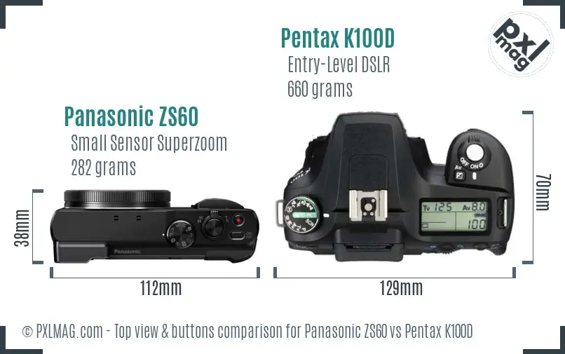 Panasonic ZS60 vs Pentax K100D top view buttons comparison