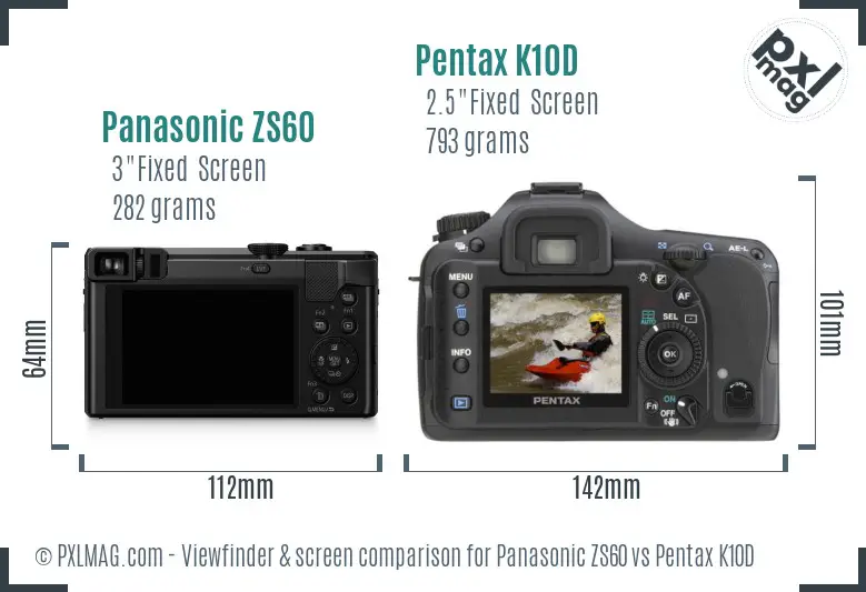 Panasonic ZS60 vs Pentax K10D Screen and Viewfinder comparison
