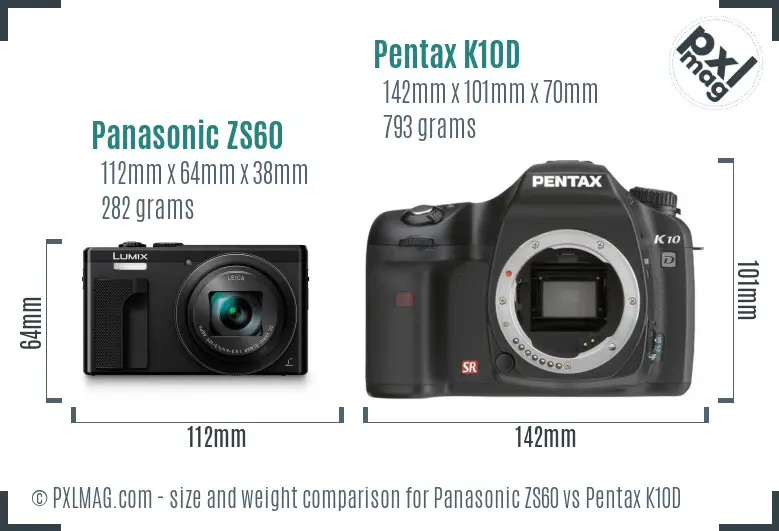 Panasonic ZS60 vs Pentax K10D size comparison