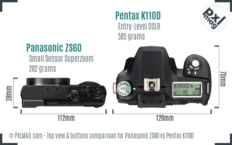 Panasonic ZS60 vs Pentax K110D top view buttons comparison