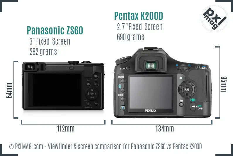 Panasonic ZS60 vs Pentax K200D Screen and Viewfinder comparison