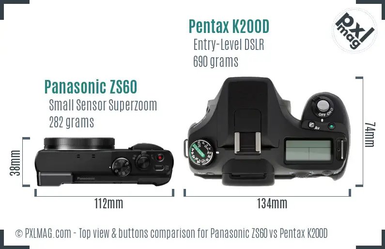 Panasonic ZS60 vs Pentax K200D top view buttons comparison