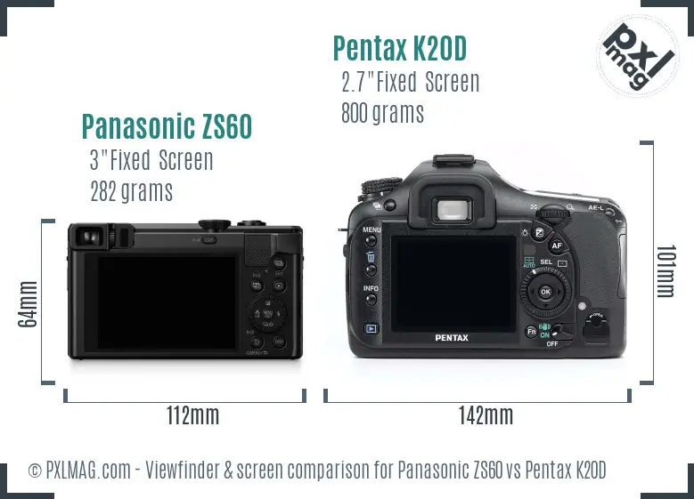 Panasonic ZS60 vs Pentax K20D Screen and Viewfinder comparison