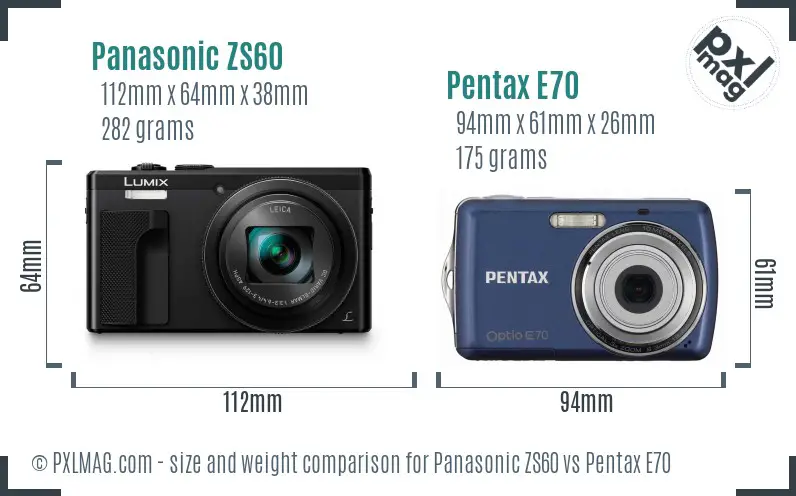Panasonic ZS60 vs Pentax E70 size comparison