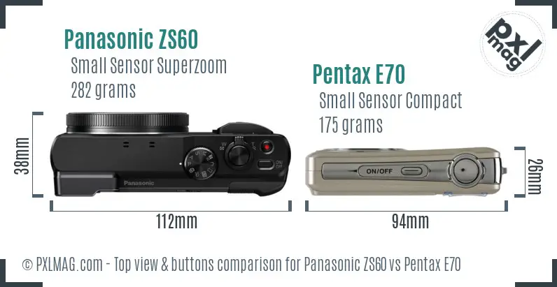 Panasonic ZS60 vs Pentax E70 top view buttons comparison
