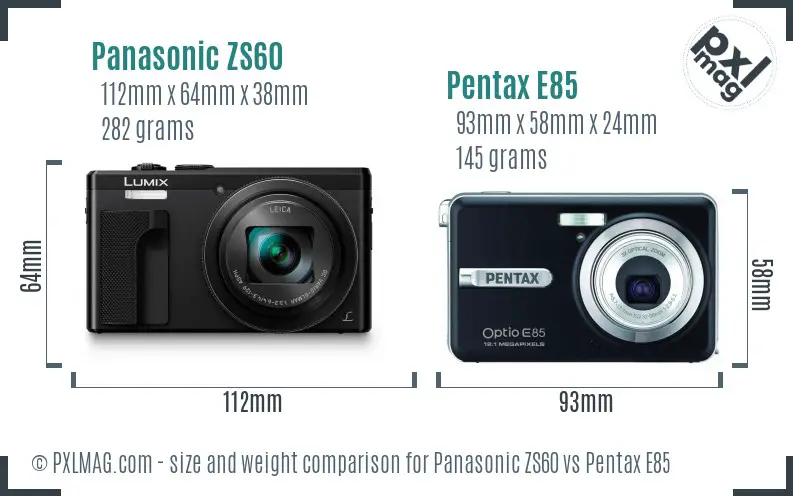 Panasonic ZS60 vs Pentax E85 size comparison