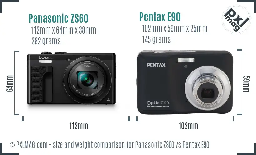 Panasonic ZS60 vs Pentax E90 size comparison