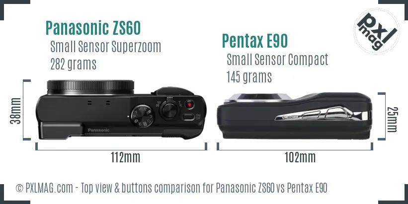 Panasonic ZS60 vs Pentax E90 top view buttons comparison