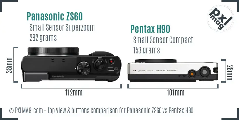 Panasonic ZS60 vs Pentax H90 top view buttons comparison