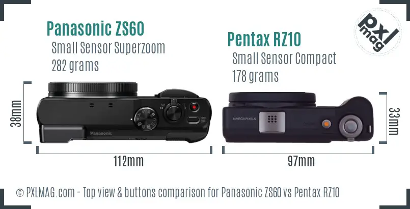 Panasonic ZS60 vs Pentax RZ10 top view buttons comparison
