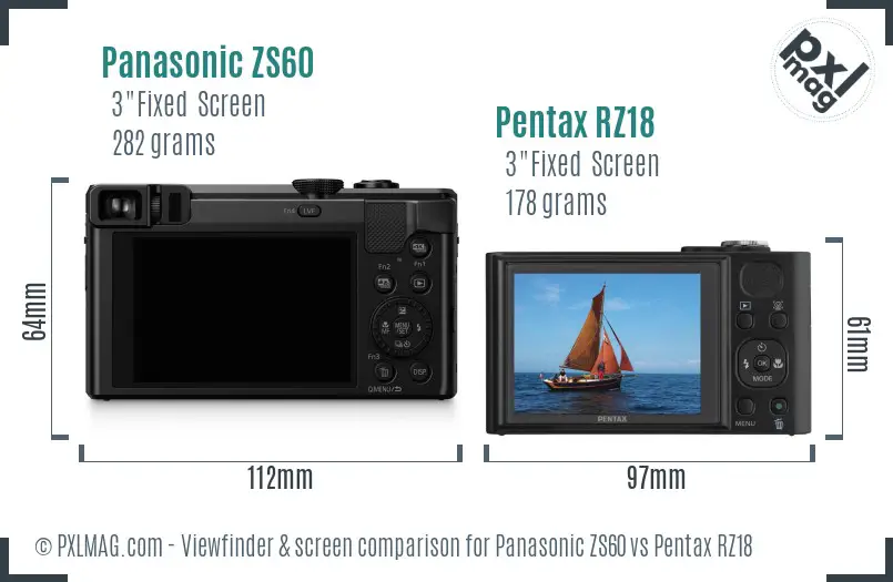 Panasonic ZS60 vs Pentax RZ18 Screen and Viewfinder comparison