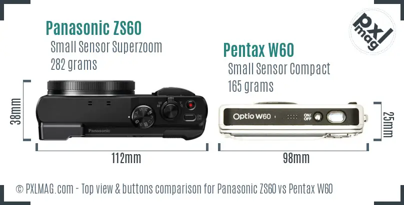 Panasonic ZS60 vs Pentax W60 top view buttons comparison