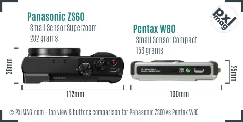 Panasonic ZS60 vs Pentax W80 top view buttons comparison