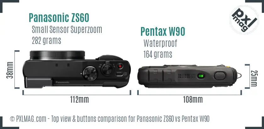 Panasonic ZS60 vs Pentax W90 top view buttons comparison