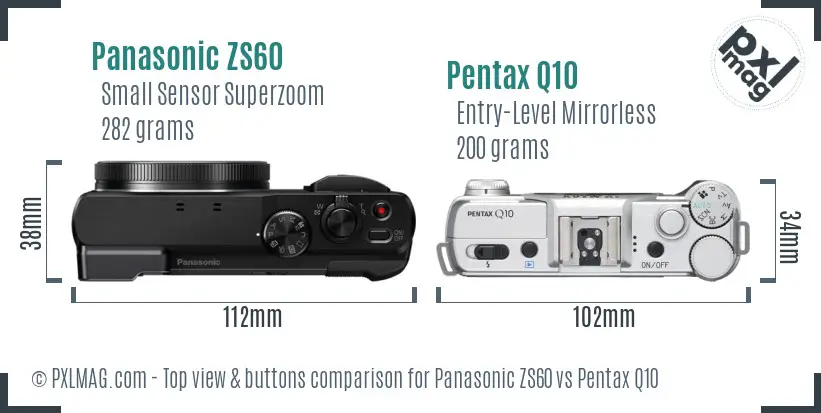 Panasonic ZS60 vs Pentax Q10 top view buttons comparison