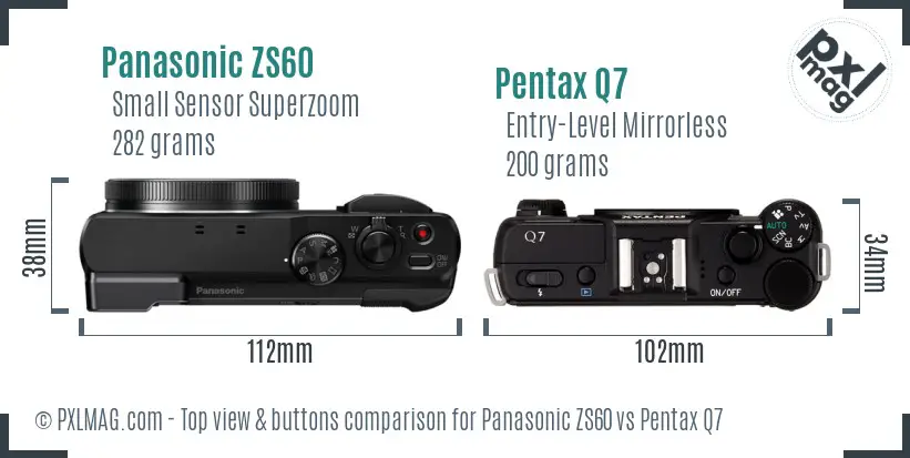Panasonic ZS60 vs Pentax Q7 top view buttons comparison