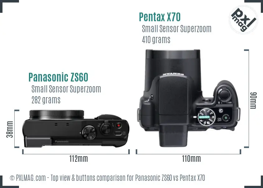 Panasonic ZS60 vs Pentax X70 top view buttons comparison