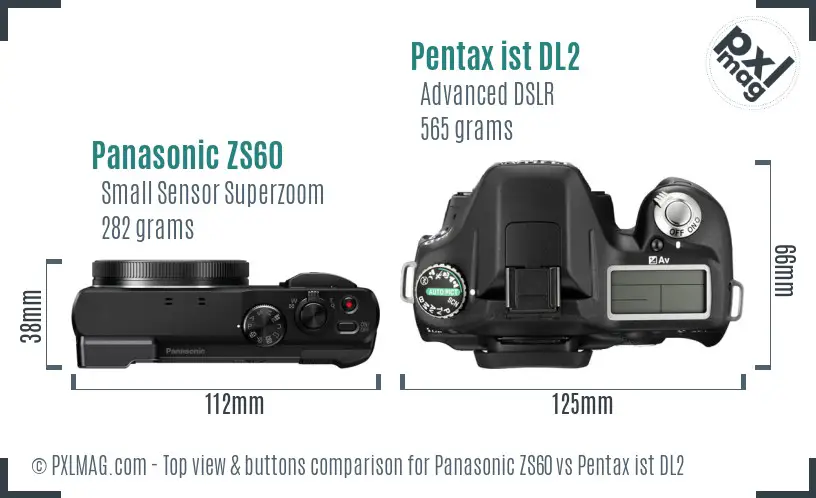 Panasonic ZS60 vs Pentax ist DL2 top view buttons comparison