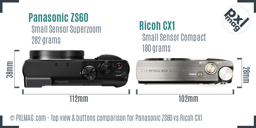 Panasonic ZS60 vs Ricoh CX1 top view buttons comparison